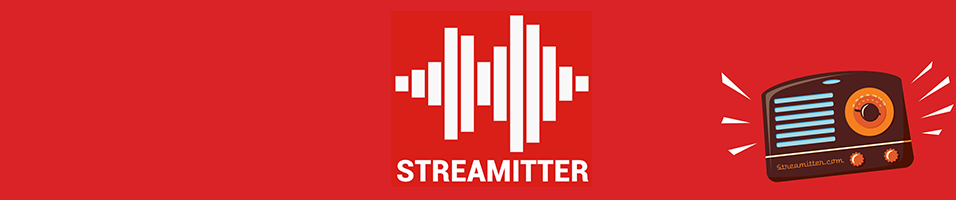 The word Streamitter is pictured in small capital white letters against a red backdrop. Above the word is a scrubber/sound level in white. On the right is an illustration of a small radio in black and orange.