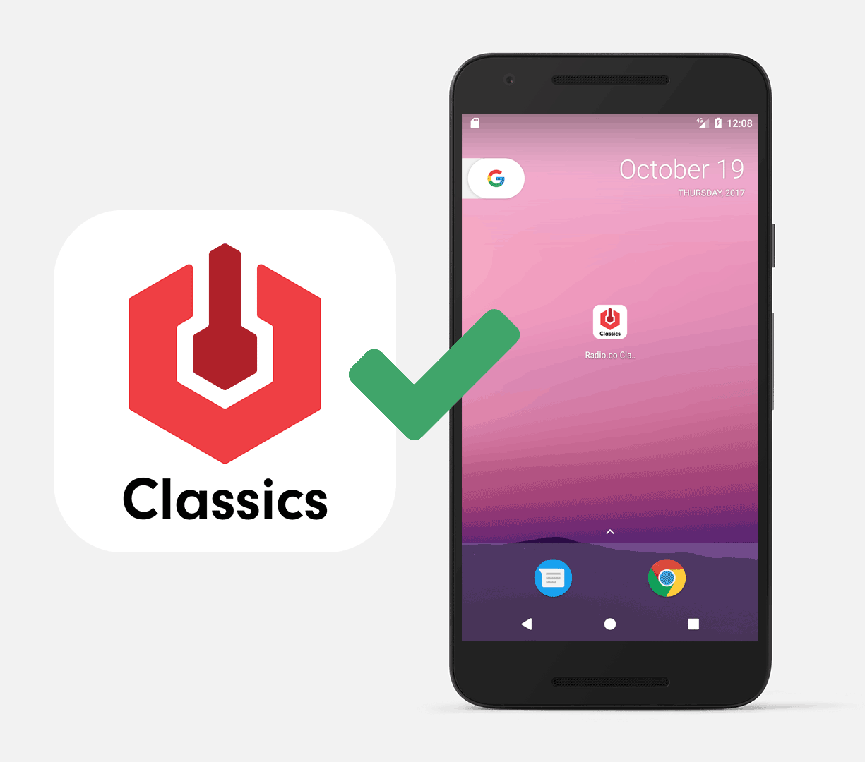 There is an iPhone with a white app icon in the centre of the screen and a green tick across it, this is the correct way to consider app design. The logo is a simple red Radio.co logo, beneath it just the word Classics.