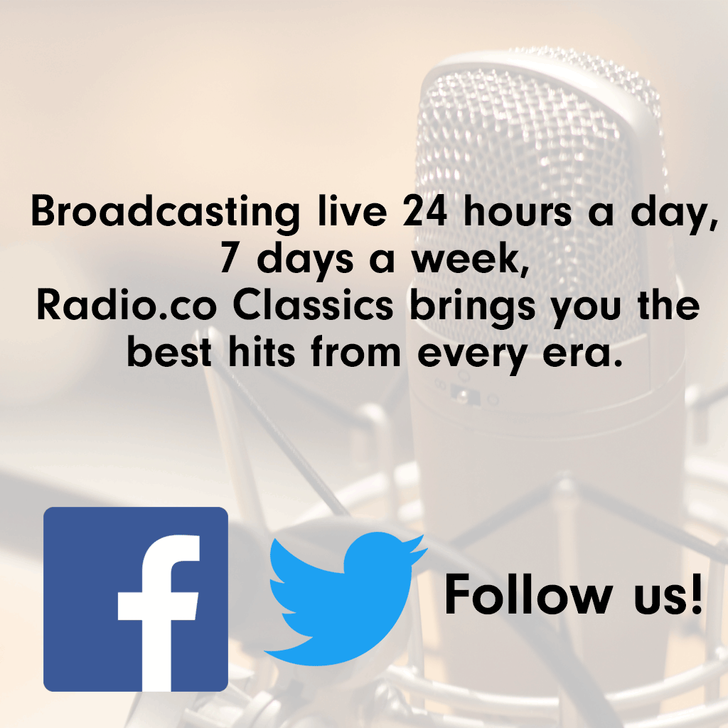 A bad example of a logo background - a microphone with overlayed black bold text reading "Broadcasting live 24 hours a day, 7 days a week, Radio.co Classics Brings you the best hits from every era". Undernearth that there are two large Facebook and Twitter logos that say "Follow us".