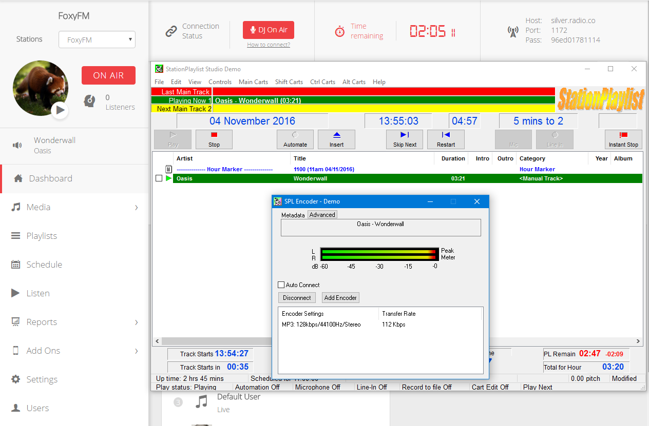 This is a white, yellow, and red screenshot illustrating how the Radio.co dashboard appears. On the left is the stock stations list of inputs - Dashboard, Media, and so on.