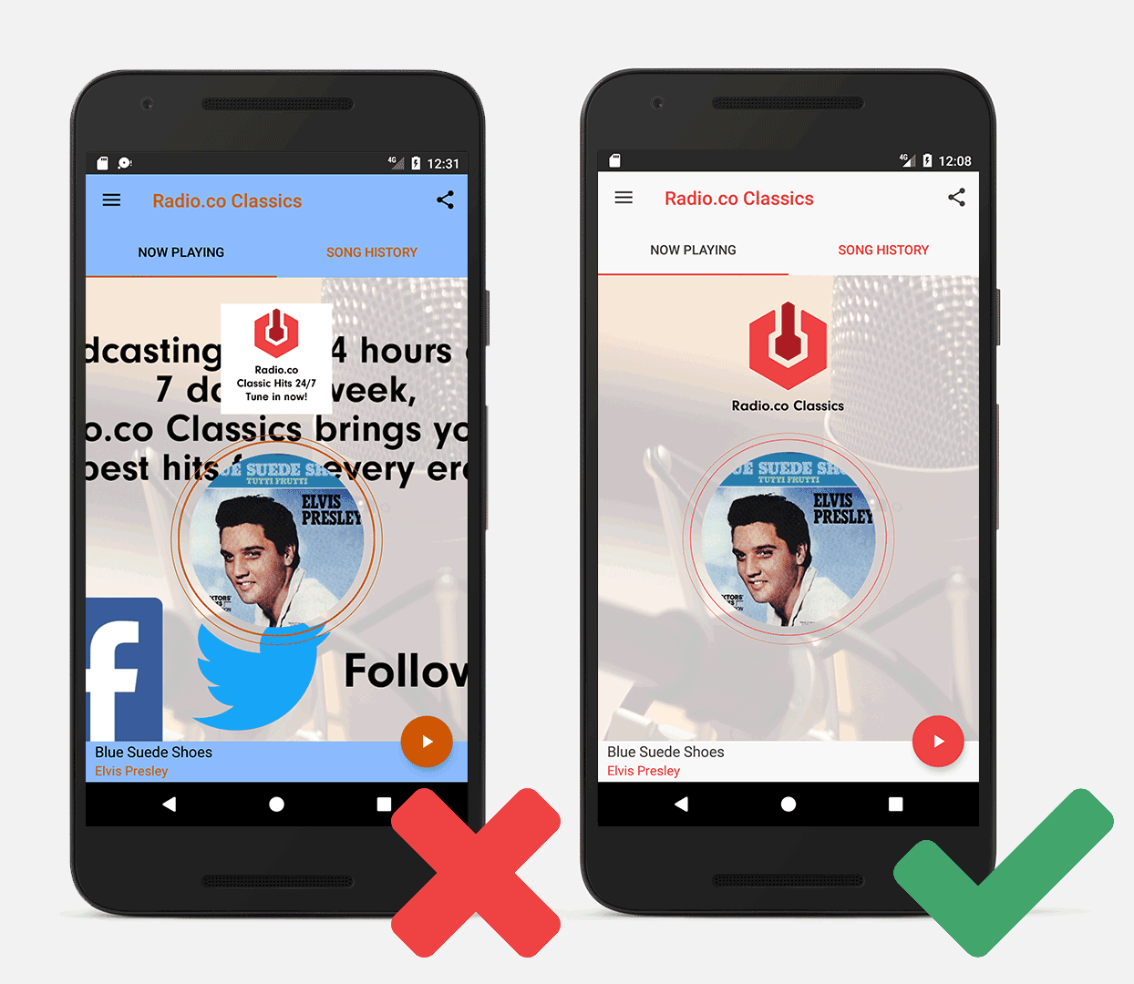 Another image comparing good and bad design practices. The left image has a cluttered background, cluttered app icon, and an image of Elvis Presley playing in the middle. The right is minimalist with the background image of the mic and the logo, and a small 'Now Playing' of Elvis Presley.