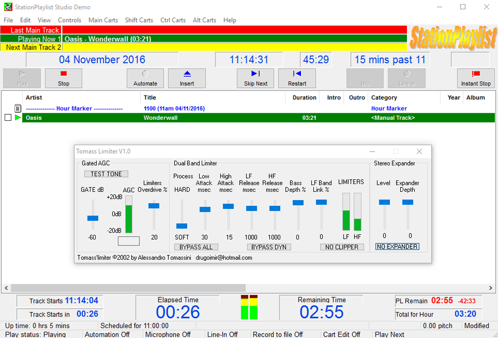 This is a white, yellow, green and red screenshot of how the StationPlaylist Studio appears. On the topright in yellow are the words StationPlaylist.