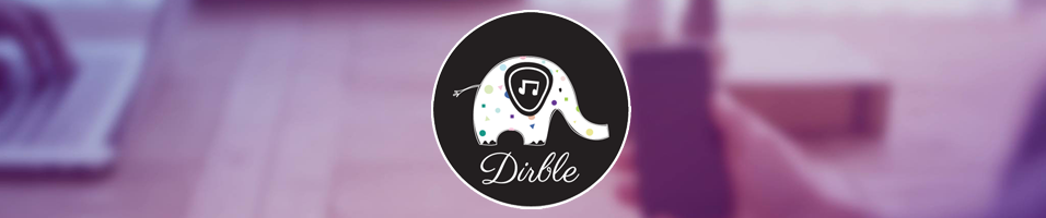 Against a purple blurred backdrop is a black and white circle. Within it is a white elephant illustration and the word Dirble in italic font beneath.