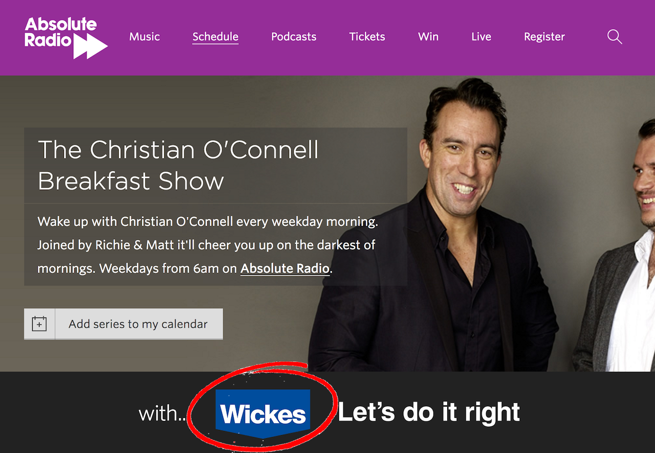 This is a screenshot of the Absolute Radio homepage. The top banner is purple and white. The bottom banner reads "with Wickes", and Wickes is circled in red.