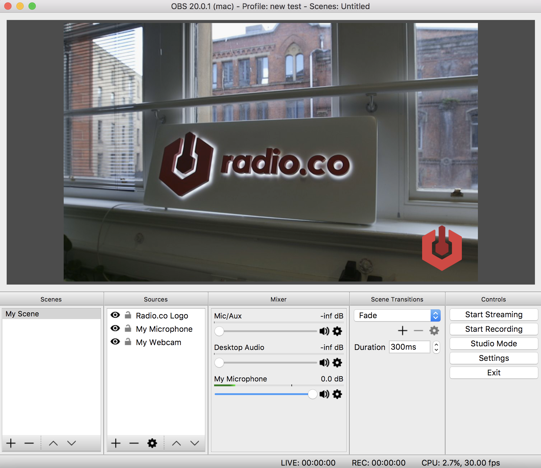 This is a screenshot visualising how adding a Logo in OBS will appear. It has three eyes under Sources, and next to them padlocks with "Radio.co Logo, My Microphone and My Webcam" Included.