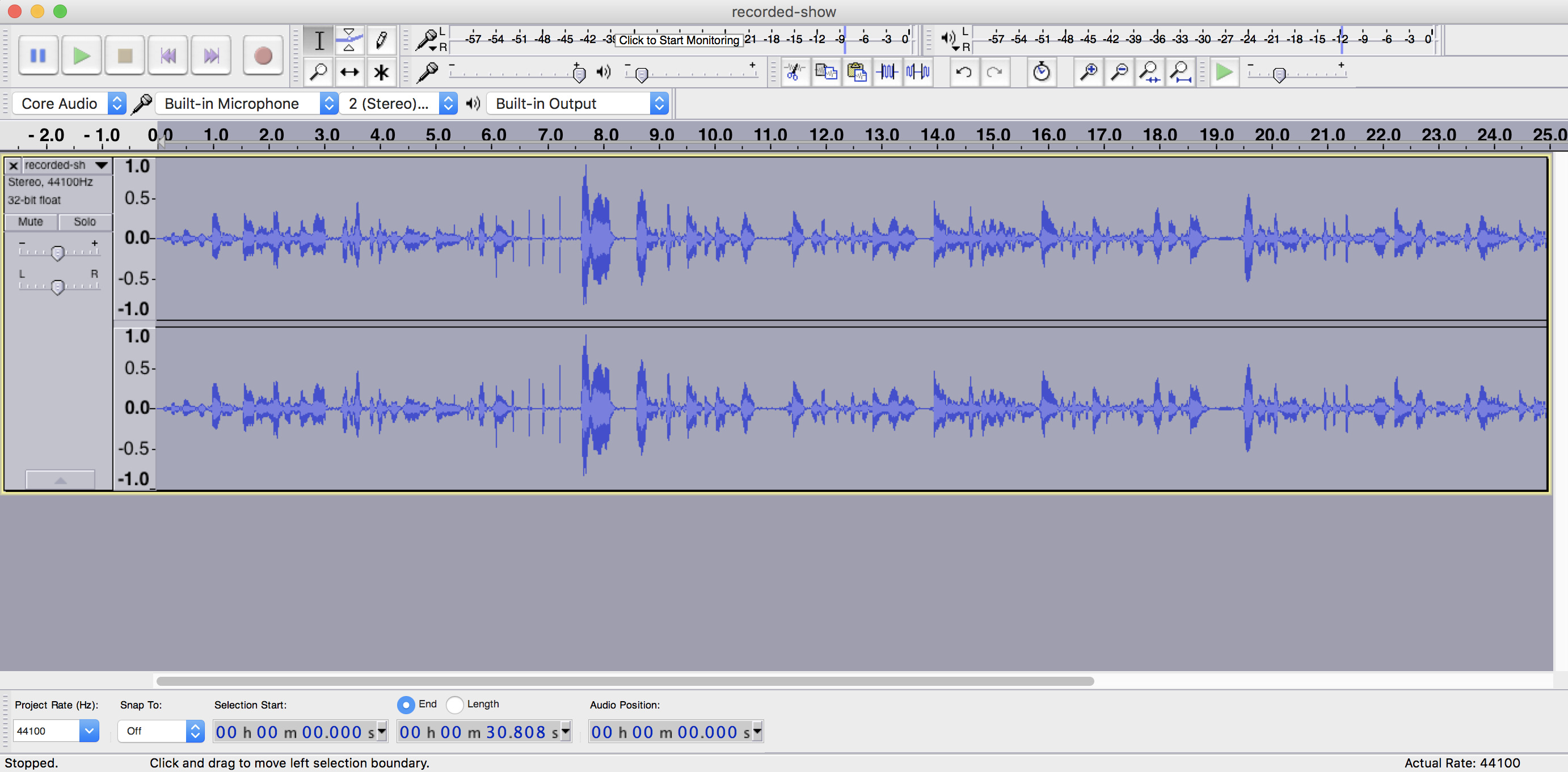 This is an Audacity screenshot of the blue waveform getting bigger against a grey backdrop.