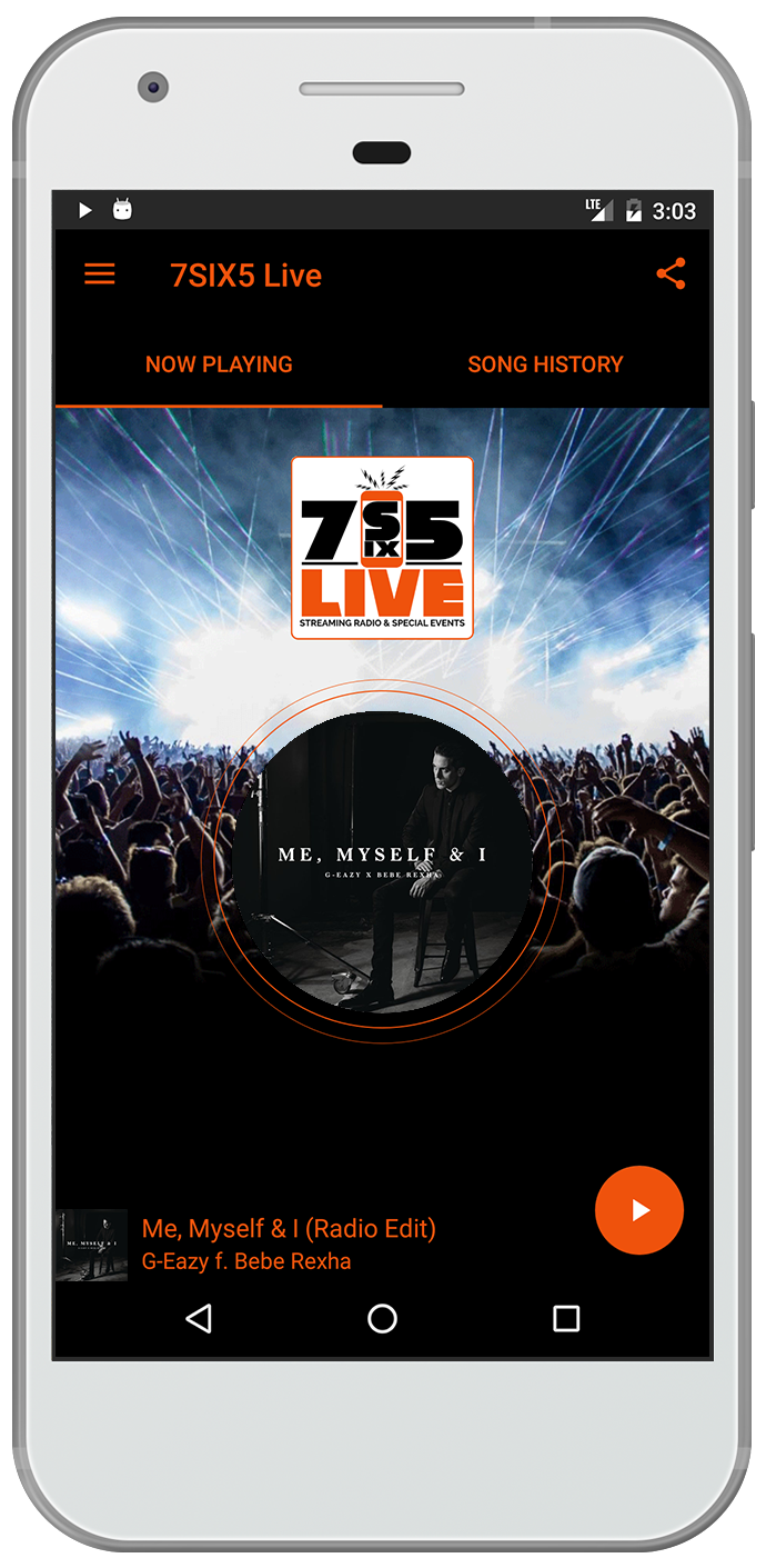 There is a stock image of a white iPhone in the centre of the screen. The background is a crowd cheering, with the 75 Live logo in orange and white. the track playing is in the centre.