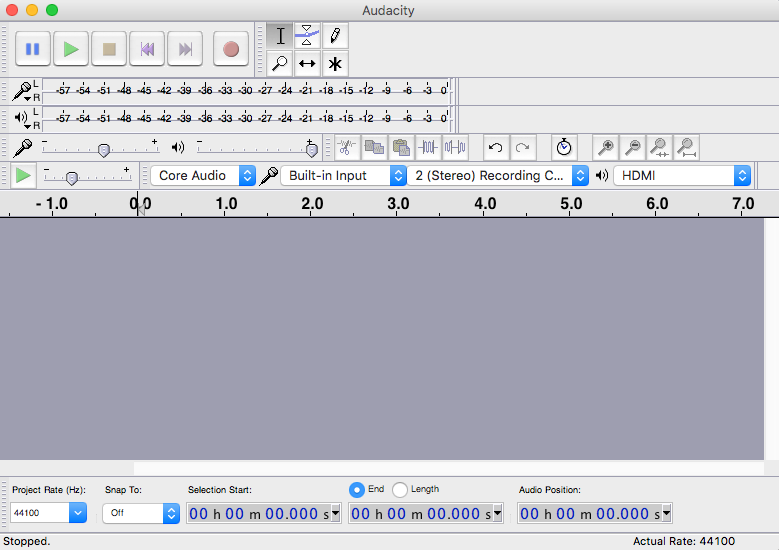 This is a grey screenshot visualising how Audacity appears, with various sound level settings and scrubbers visible.