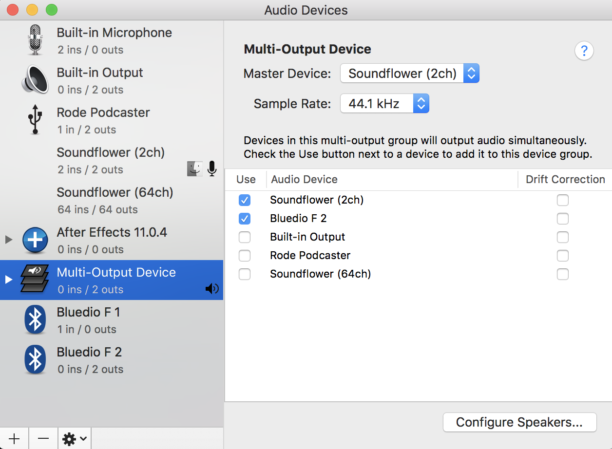 Image shows the Audio Settings within MacOS and with multi-output device selected.