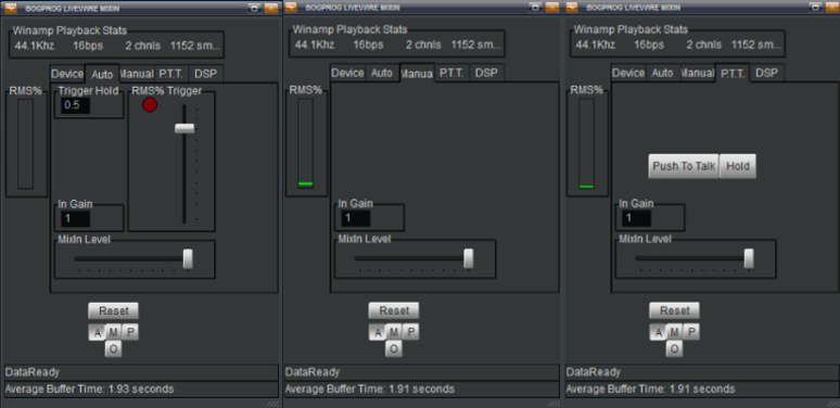 This is a black and grey screenshot of how Auto Manual PTT appears in its three categories.