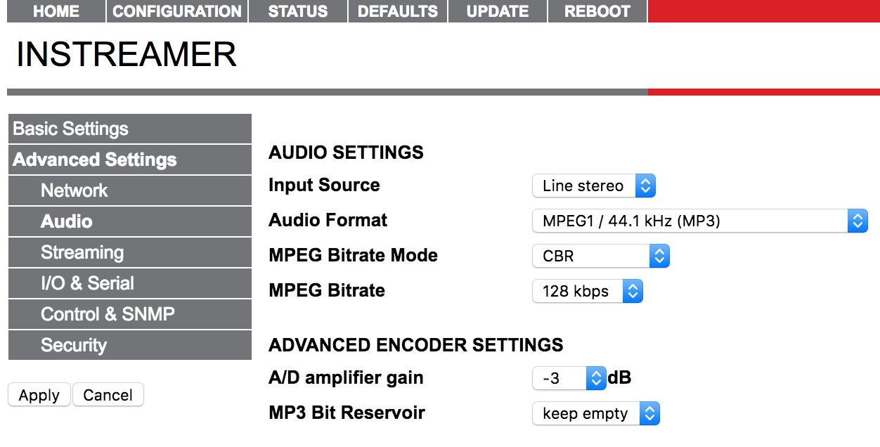 This is the same Barix Advanced Settings screenshot as the previous have been, but with a different mouse selection on the option boxes.