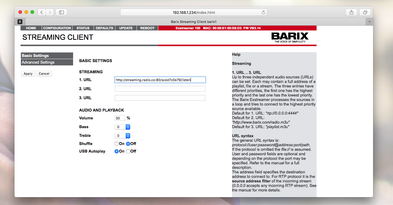 Barix Exstreamer Enter Radio URL - Setup Instore Radio