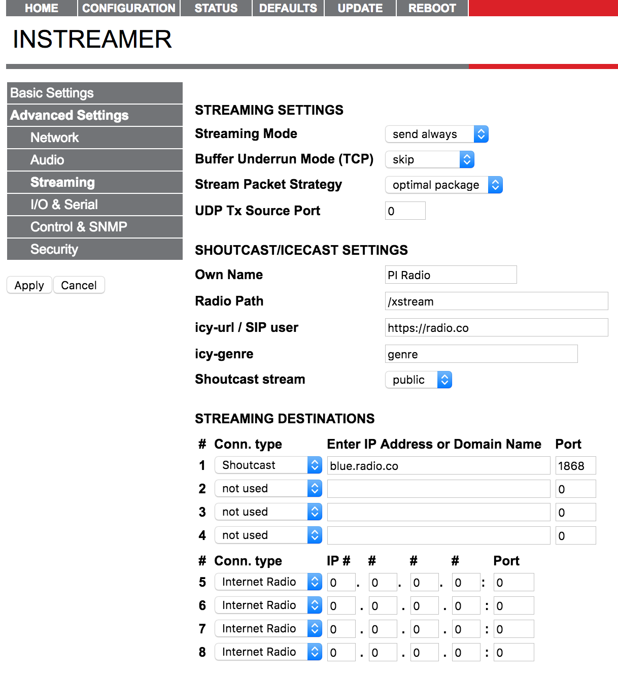 Barix Instreamer Advanced Settings Streaming