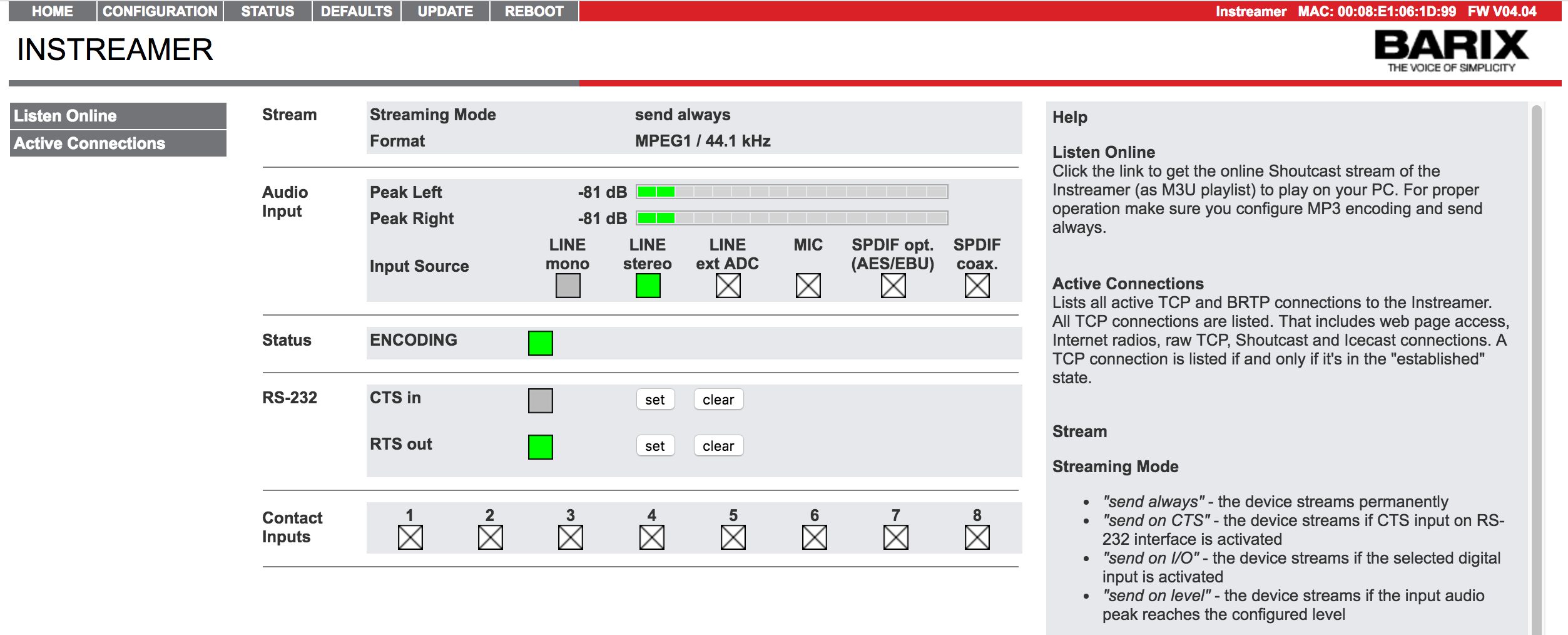 This is a grey and white screenshot of how the Barix Instreamer Homepage appears. It shows its Listen Online, active connections, Home, configuration, status, defaults, update and reboot features.