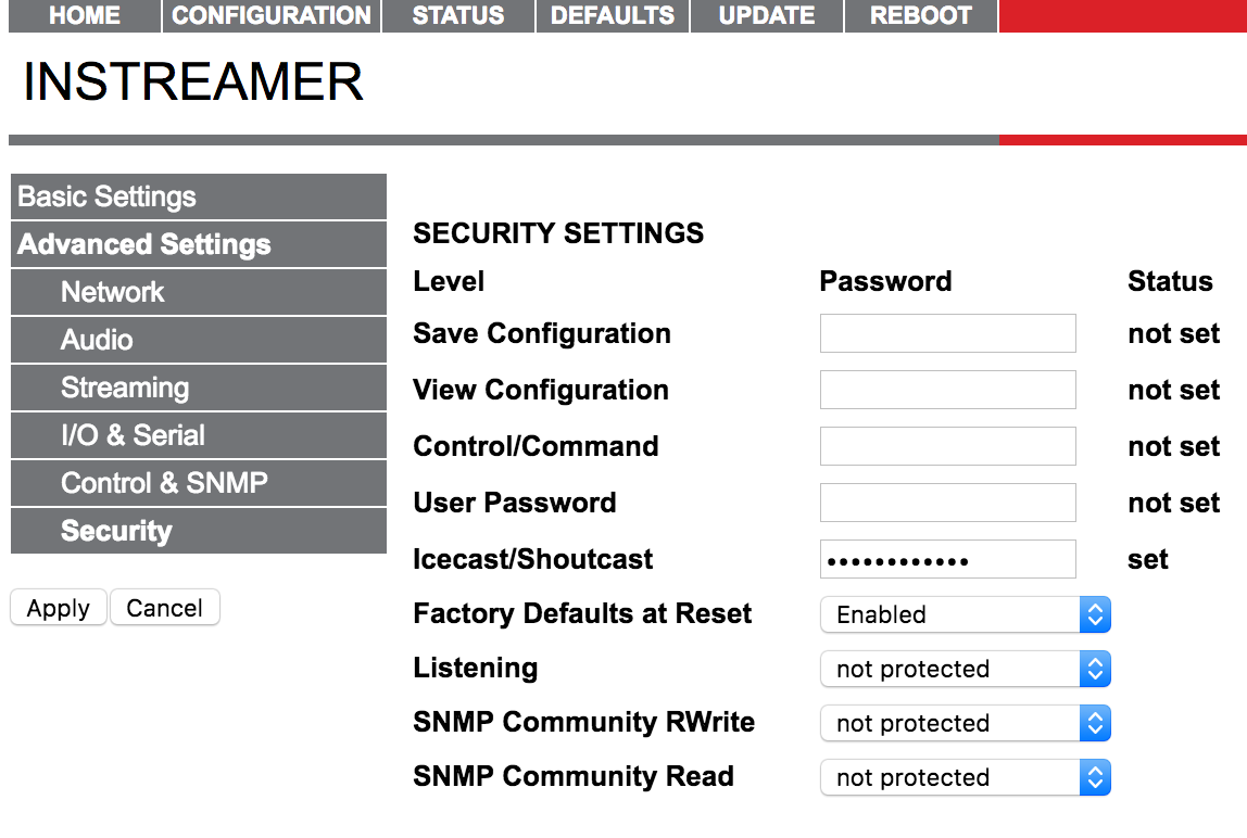 This is the same Barix Advanced Settings screenshot as the previous have been, but with a different mouse selection on the option boxes.. This one details the security password options.