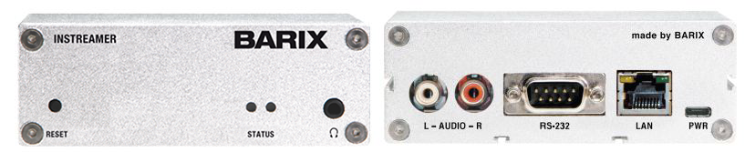 This is an image of the Barix Instreamer, a grey box with the word Barix emblazoned across it. It displays the front and the back of the device, with the back displayed on the right. is on a white, neutral background.