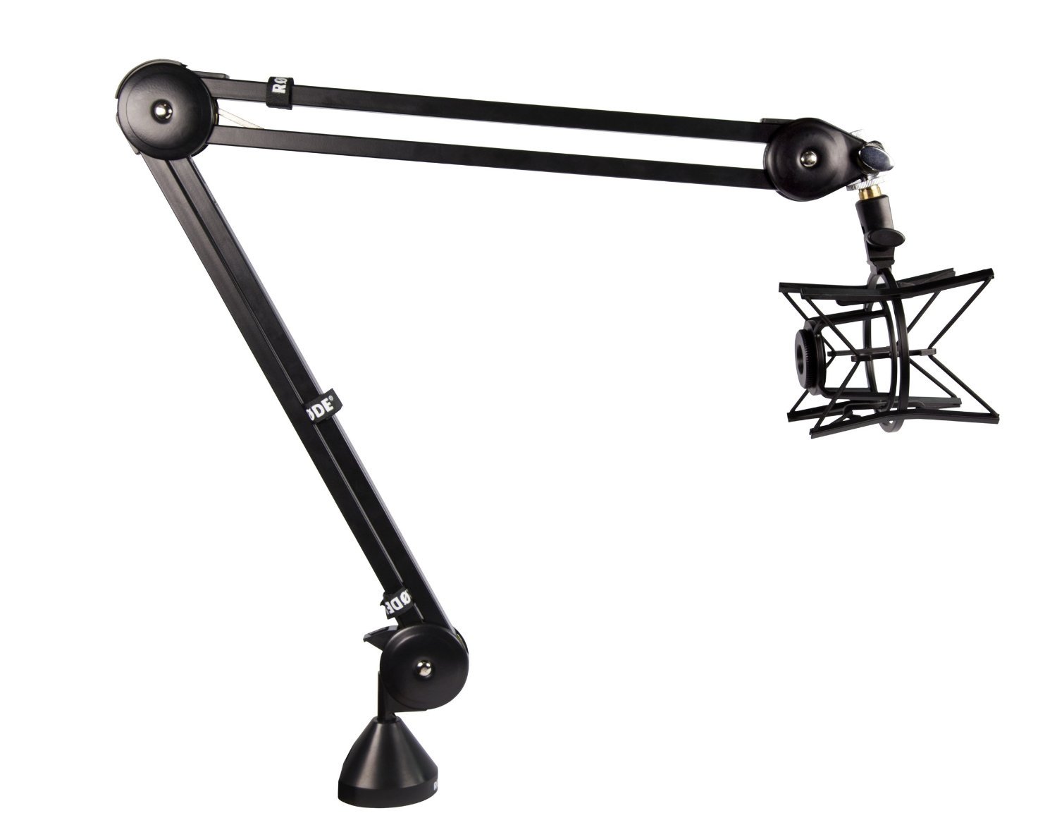 This is a stock image of a black RODE PSA1 Boom Arm with a black shockmount on the end. The background is plain white.