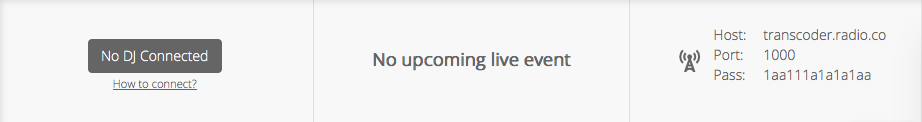 This is an image visualising how Radio.co Station Broadcasting Details can appear, here reading "no upcoming live event".