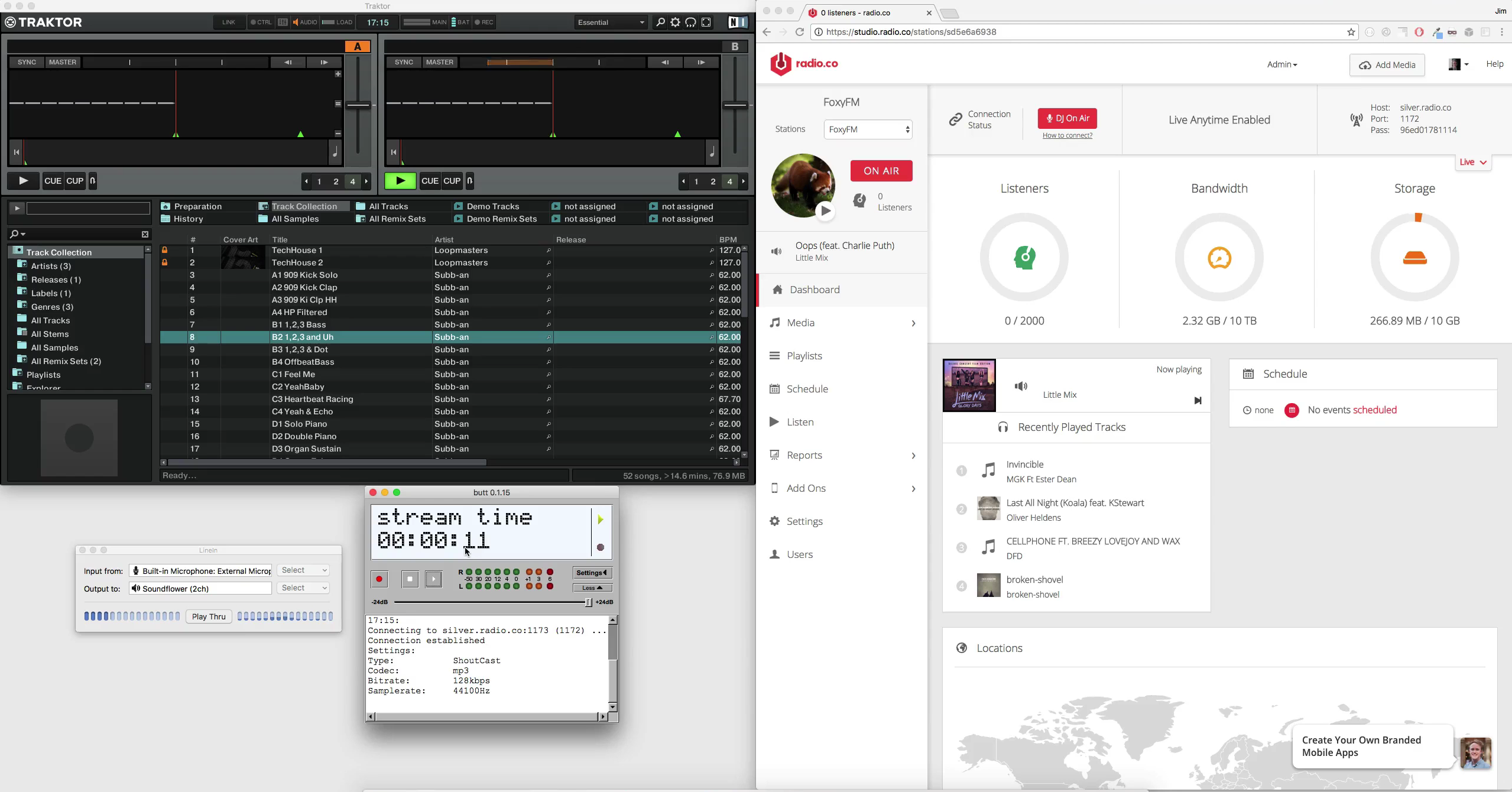 This is a screen with one half of it the black Traktor page, and the other half is the white Radio.co dashboard.