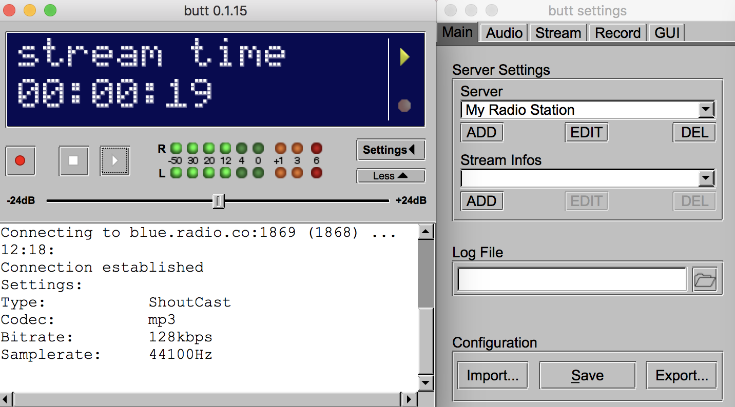 This is a screenshot of how BUTT Broadcasting appears. it is a grey and navy box that essentially broadcasts for your radio station, with options in the screenshot to increase or lower decibels etc etc.