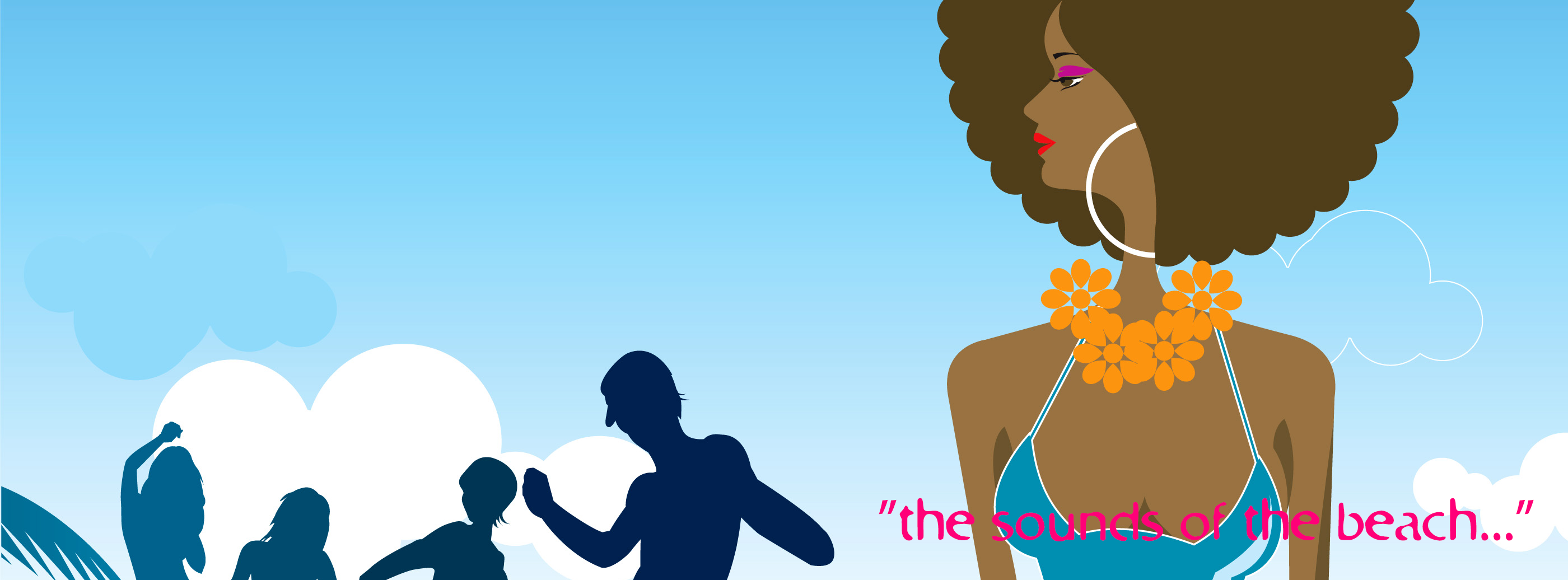 This is the Buzz Beach Radio art, an illustrated '6teen' style graphic of a black woman with an afro and hoops looking out across a beach and silhouettes of other dancers. She is wearing a blue dress and orange flower garland around her neck, and there is a pink caption of 'Sounds of the beach...'