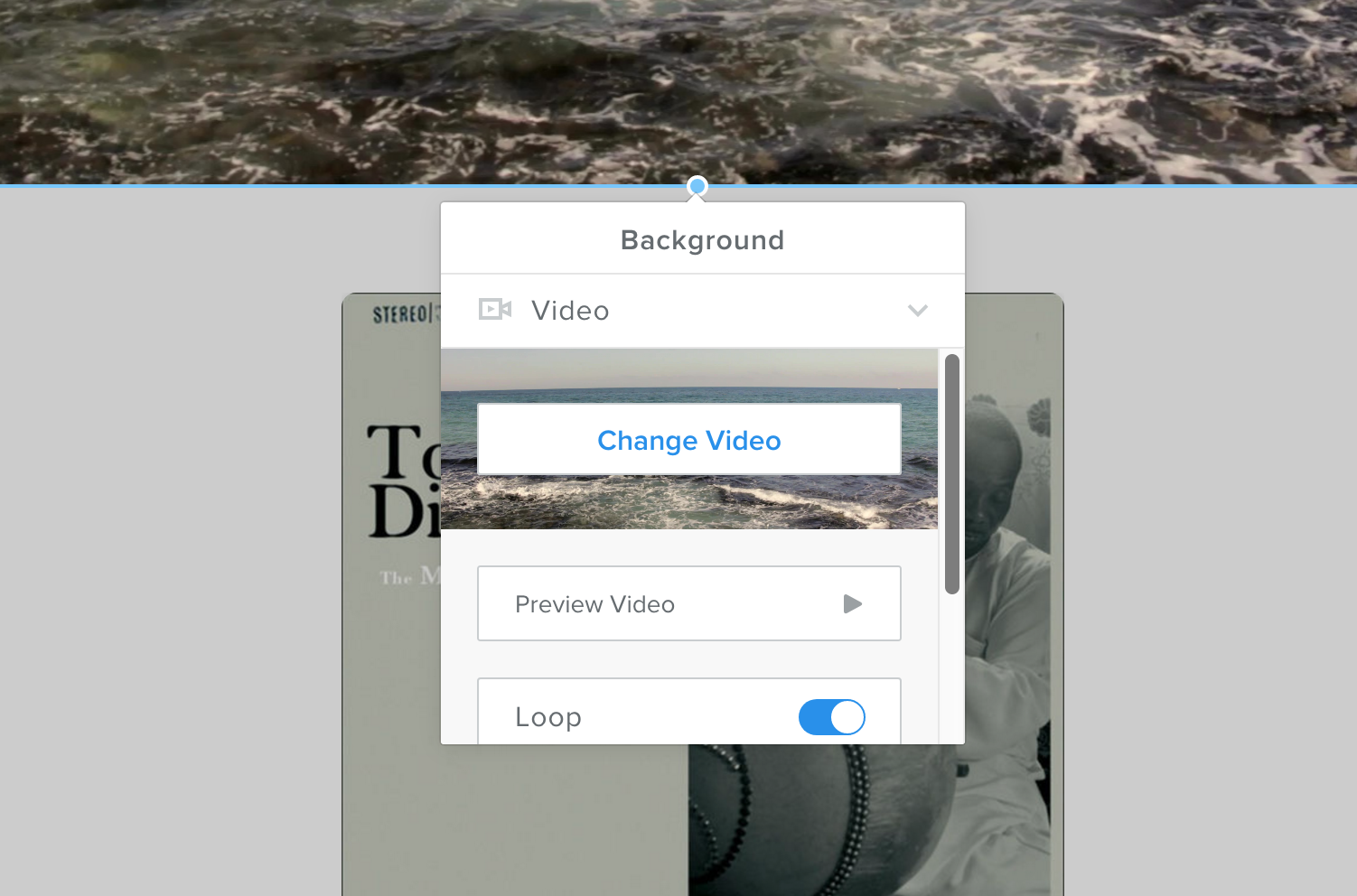 This is the same page as the previous gif, but here there is a white popup that explains how to change the Video Background