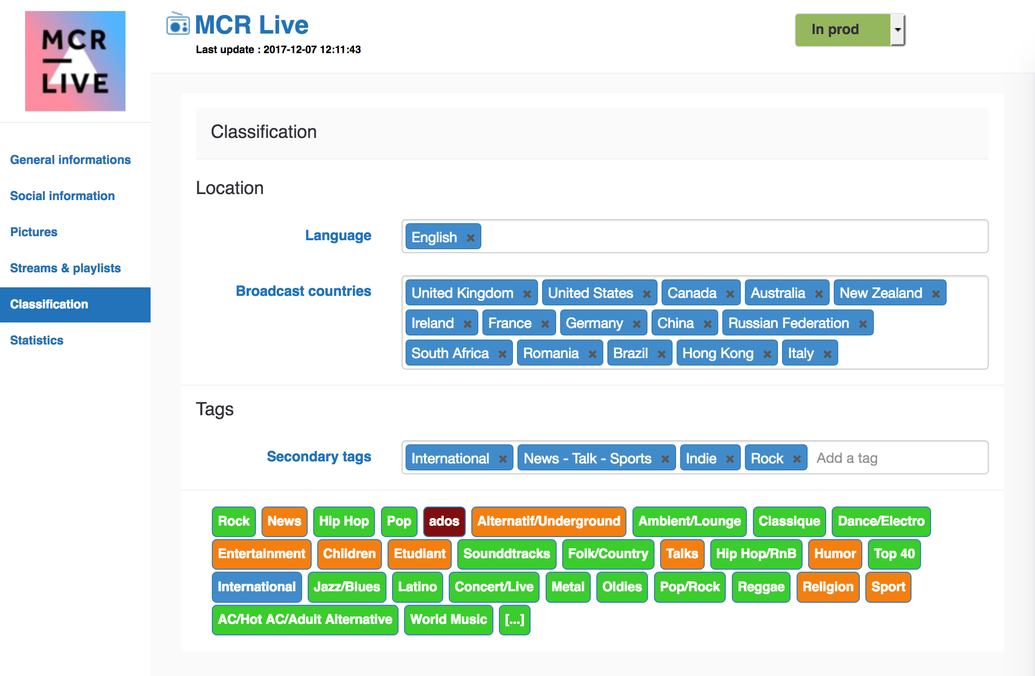 Image shows the Classification window in Radioline.