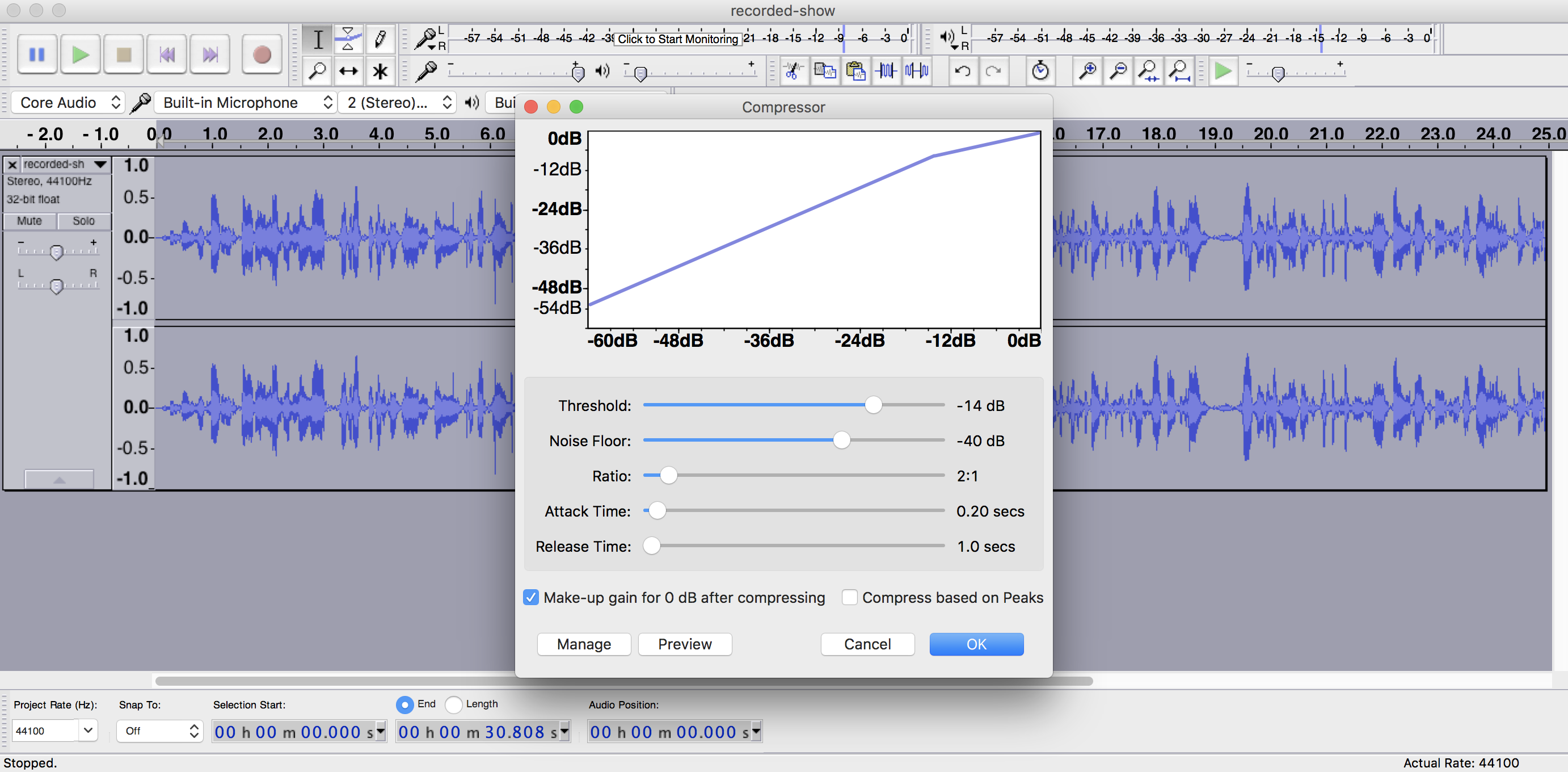 This is an image of the Compressing Audio process in Audacity. There is a grey popup box in the centre.