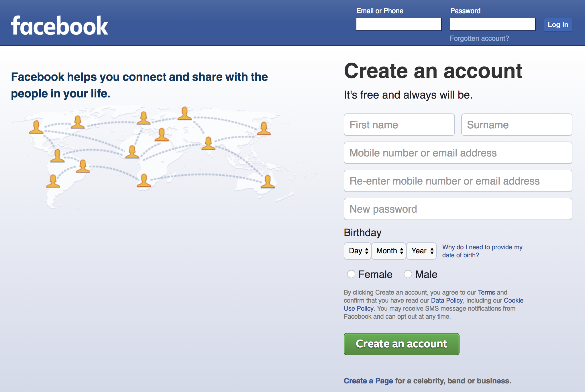 This is the navy and white Create Facebook Account homepage for the website.