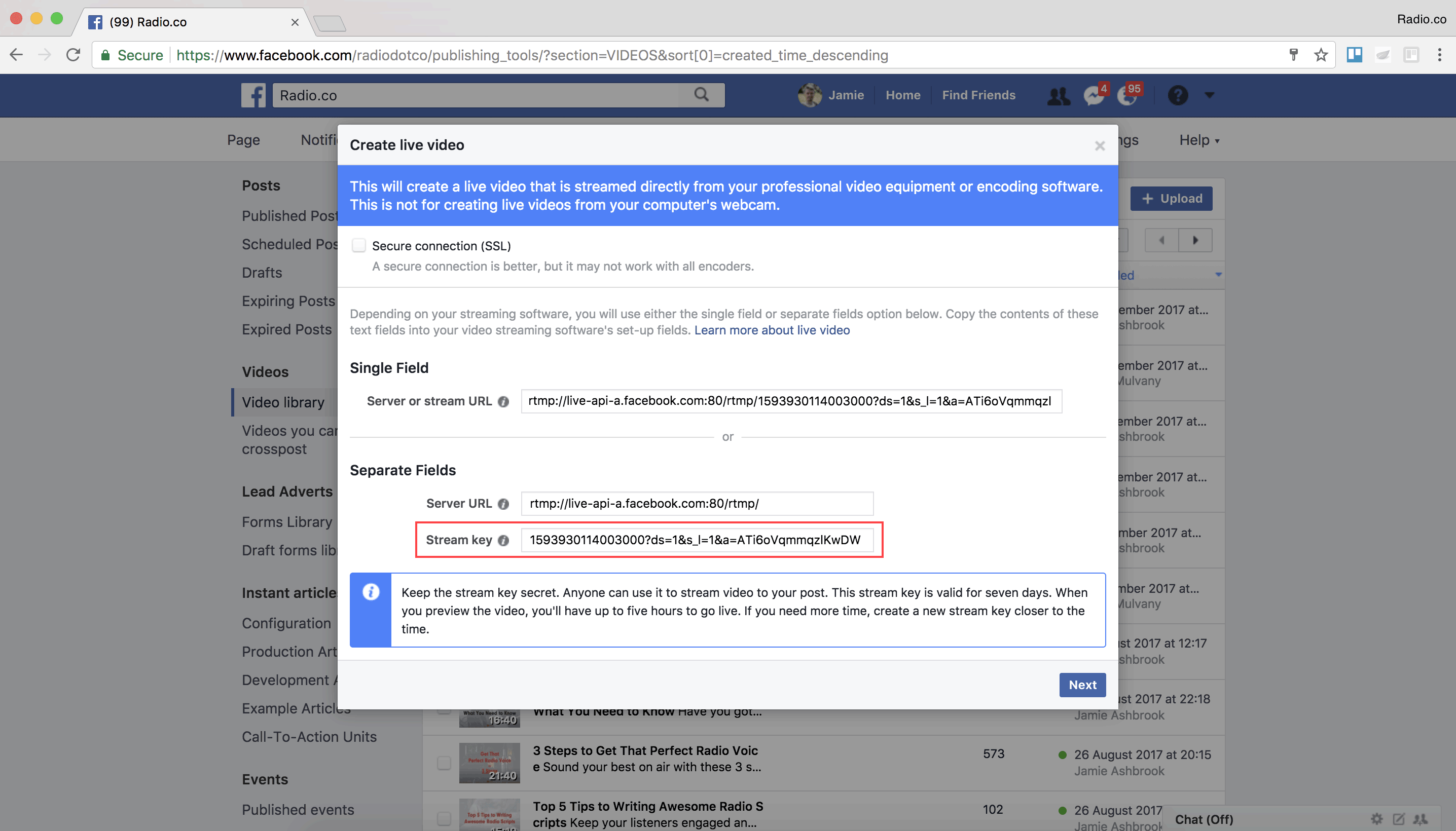 The same screenshot as the previous one, though this has a small box in the middle called "Create Live Video". At the bottom there are two options for "single Field" and "Separate Field". Copy the text inside the Stream Key box under Separate Fields here.