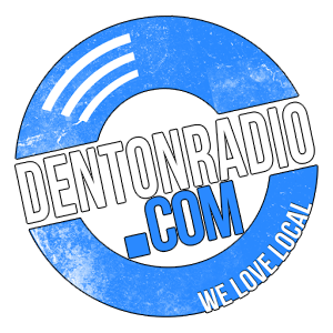 This is a white backdrop with the Dentonradio App Logo in blue. It is shaped like a disk.