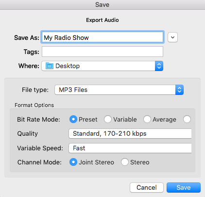 This is a grey screenshot showing how to Export Audio on Audacity, as explained in the instructions above