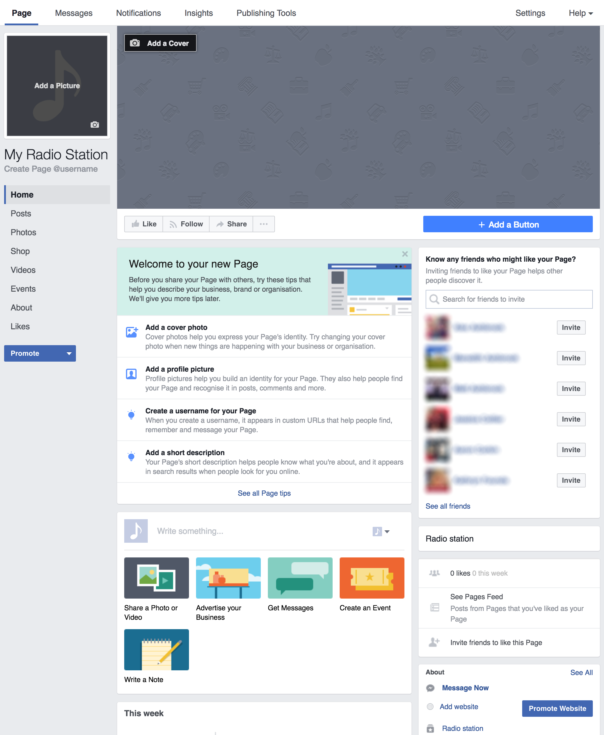 This is a white and blue Example Facebook Page, setup for the purpose of the article. There are various FB features visible in lists.