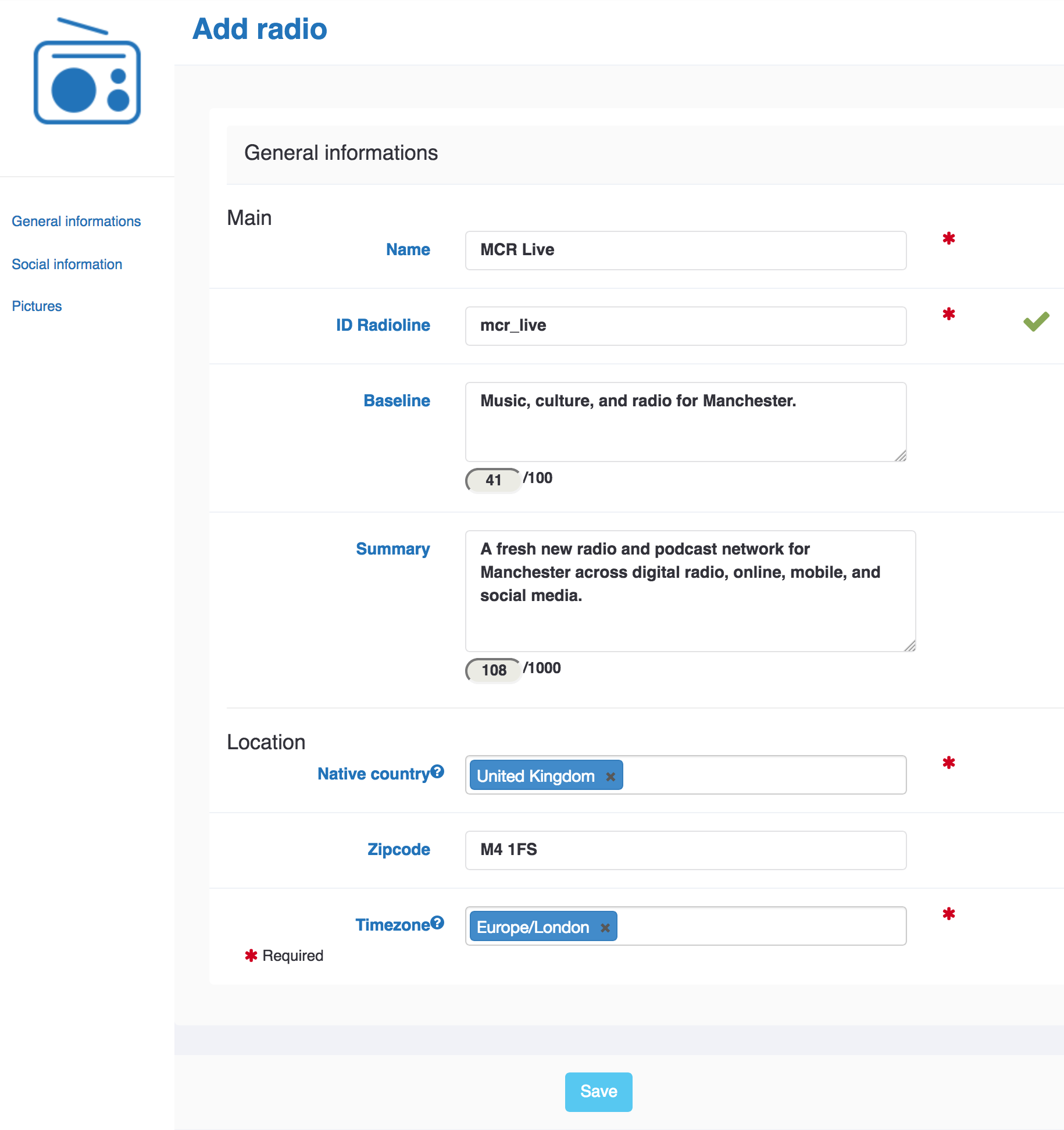 Image shows the general info window in Radioline.