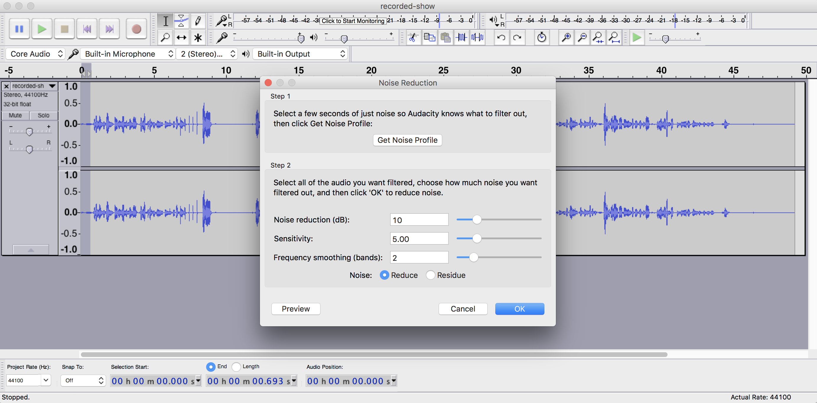 This is a screenshot of how Highlighting Background Noise appears in Audacity