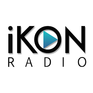 This is the iKon Radio App Logo - the word IKON RADIO with a blue arrow in the O.