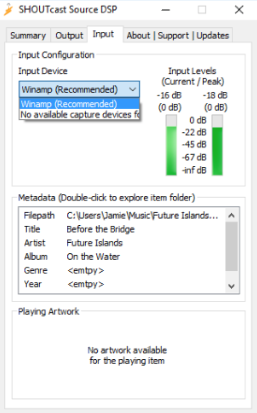 This is a white and blue screenshot of how Input Options SHOUTcast DSP appears.