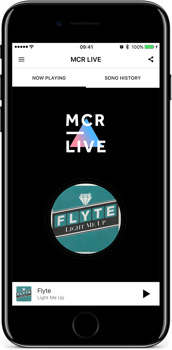 This is a stock image of a black iPhone on a white backdrop, open on the MCR Live App