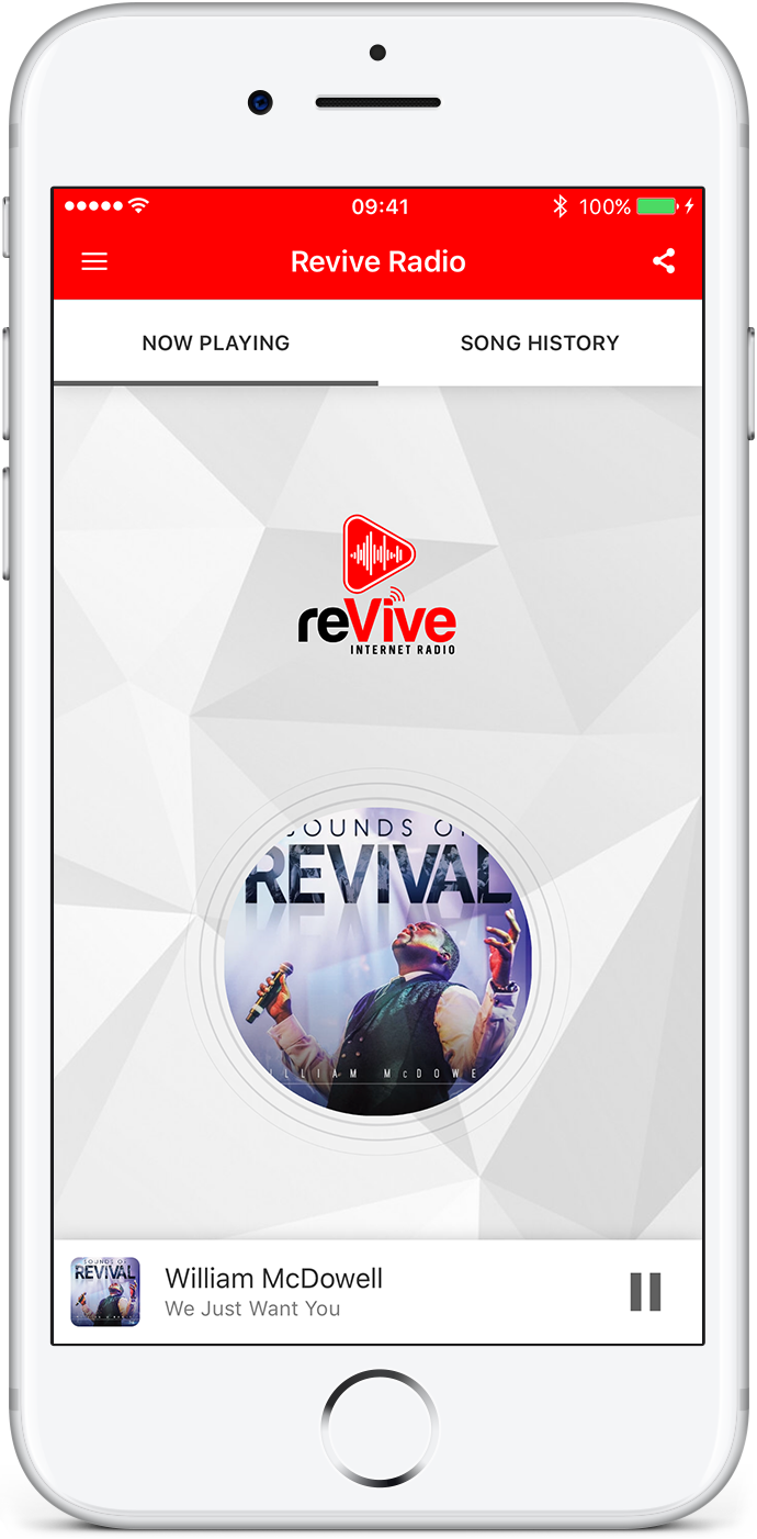 This is a white iPhone on a neutral white backdrop, with the homepage visible as the Revive App