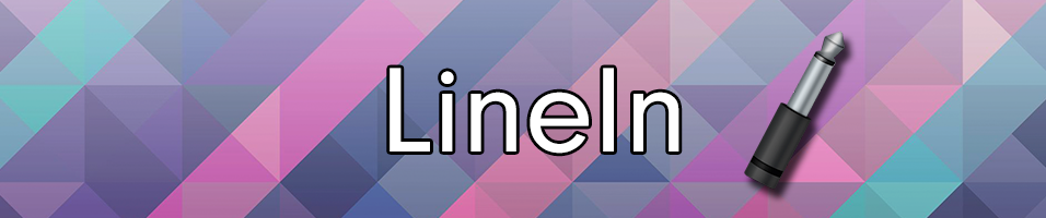 This is an image of the LineIn logo, a purple and pink checked backdrop with the word LineIn in white in the middle of the image. There is an image of an input next to it.