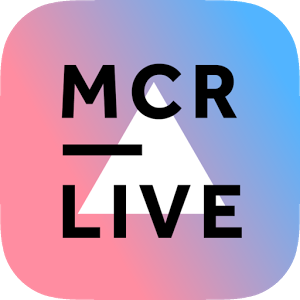 This is a small version of the MCR Live Logo, the words over a white triangle and a pink and blue backdrop.