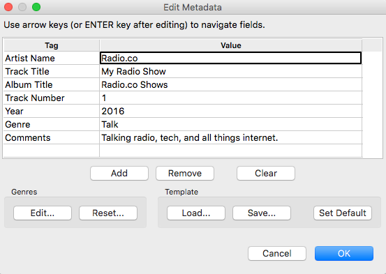 This is a grey and white screenshot of how Metadata appears in Audacity