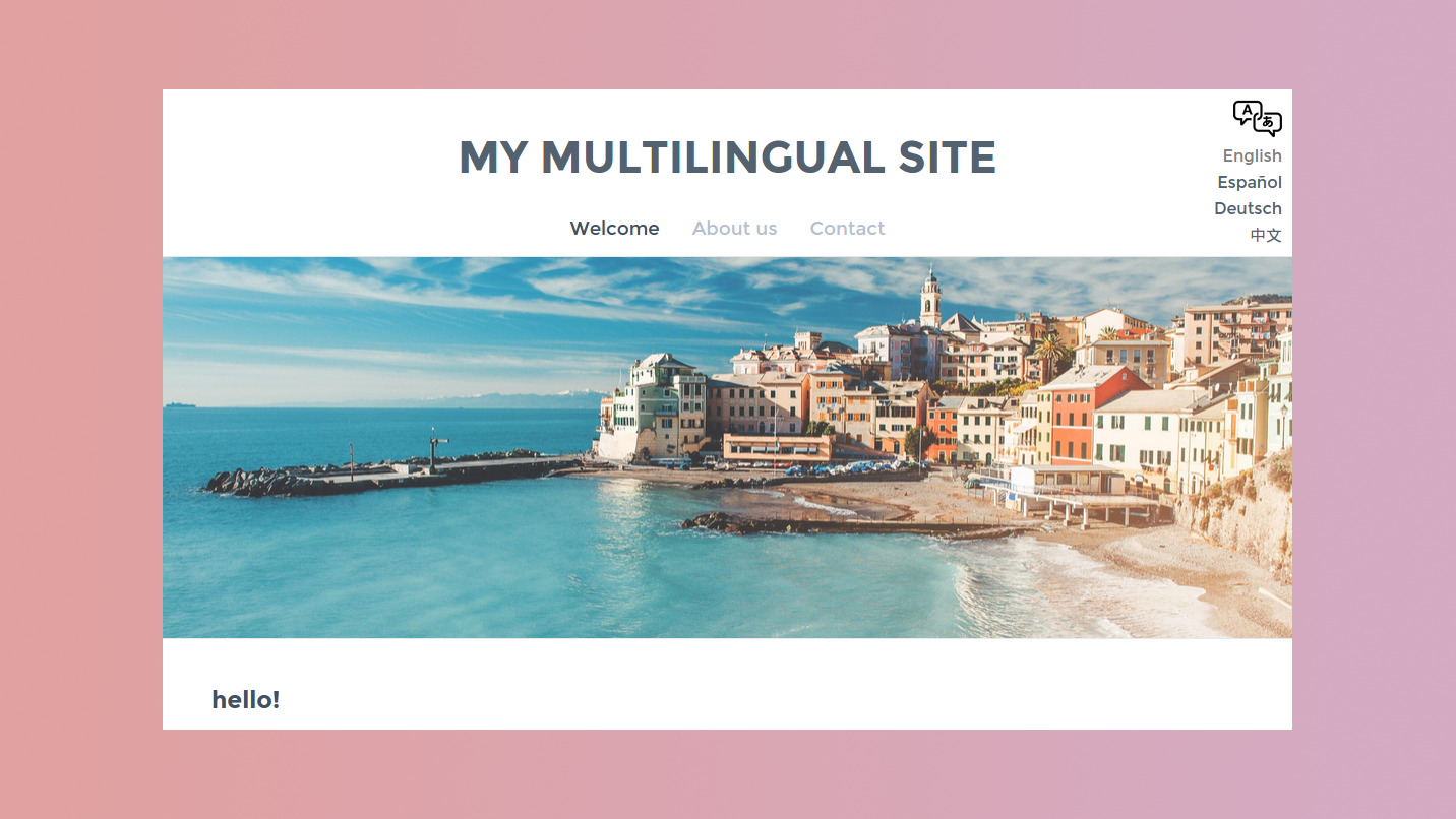 The background to this image is light pink. There is a white box in the middle of the screen. The title of the page reads Multilanguage Site, and is a visualisation of the Weebly Addon