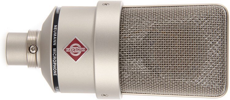 This is a stock image of a Neumann TLM 103 microphone horizontally. It is silver and light brown with a red logo on the end of it.