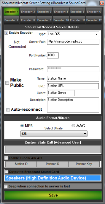 This is a black and green screenshot of how the NextKast Encoder appears, a list of inputs with a green Save button at the bottom.