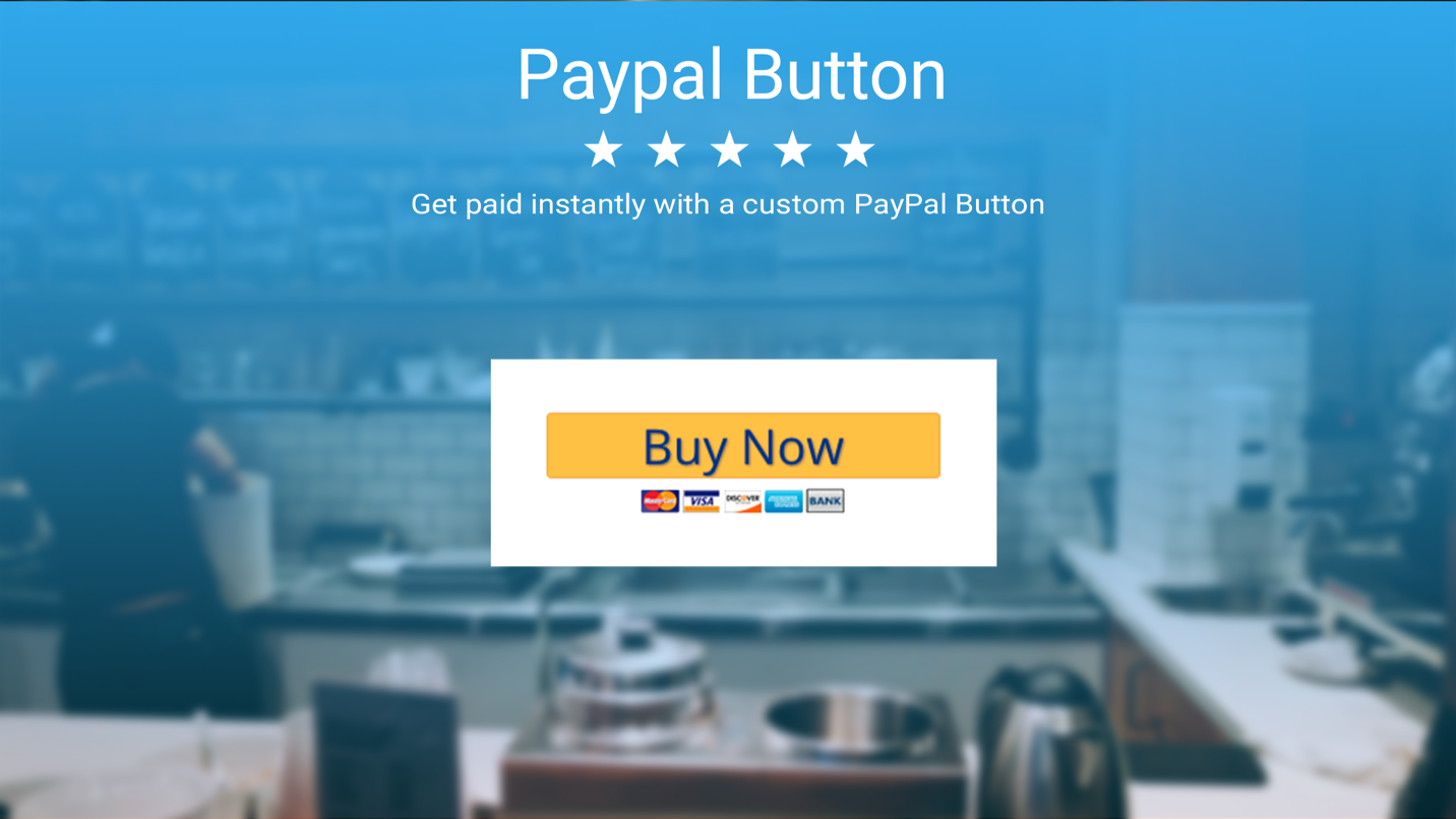 This is a screenshot of the PayPal Button Weebly Addon. The backdrop is blue and there is a yellow button in the centre of the image.