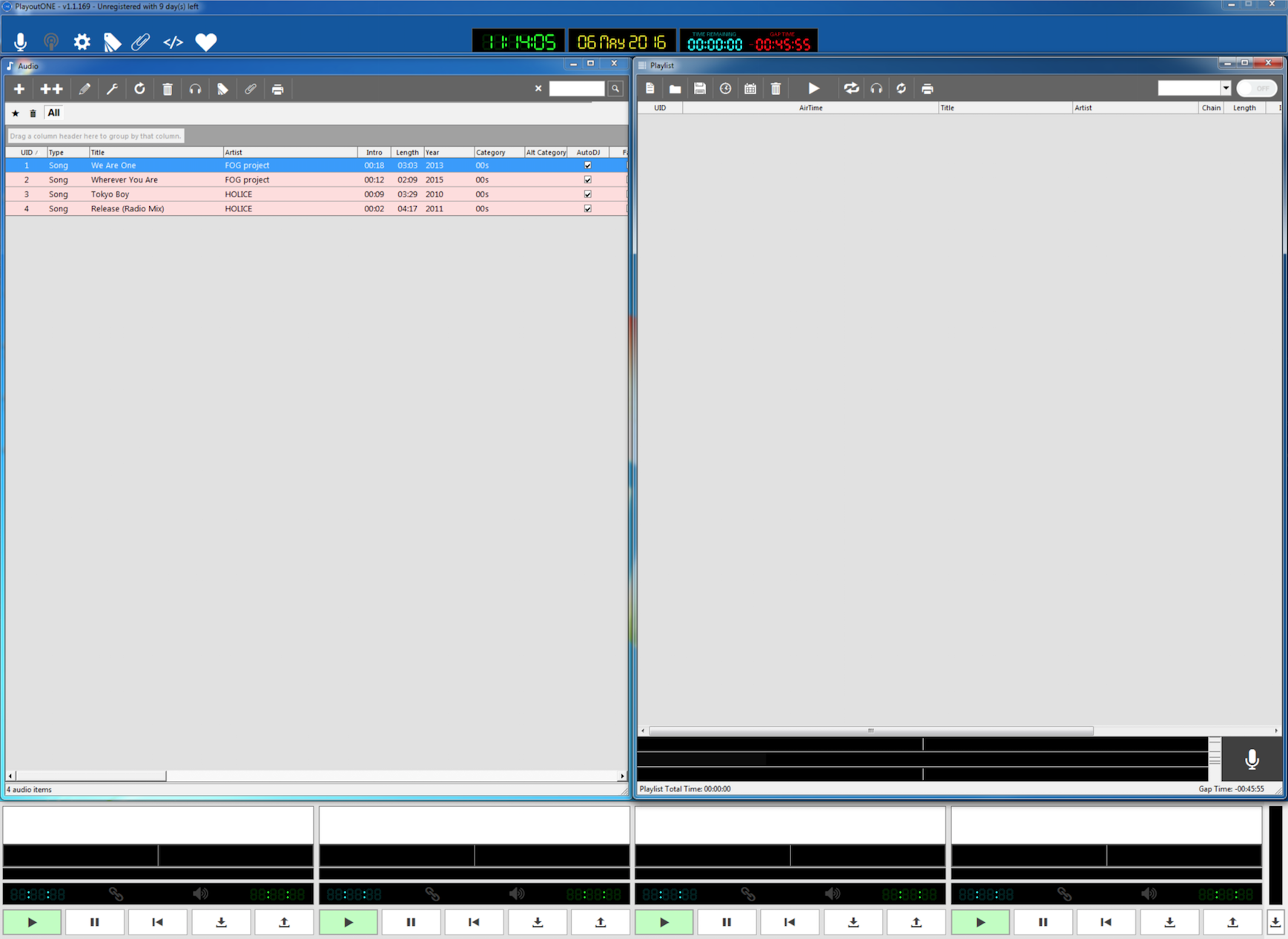 This is a grey and blue screenshot of the PlayoutONE Dashboard