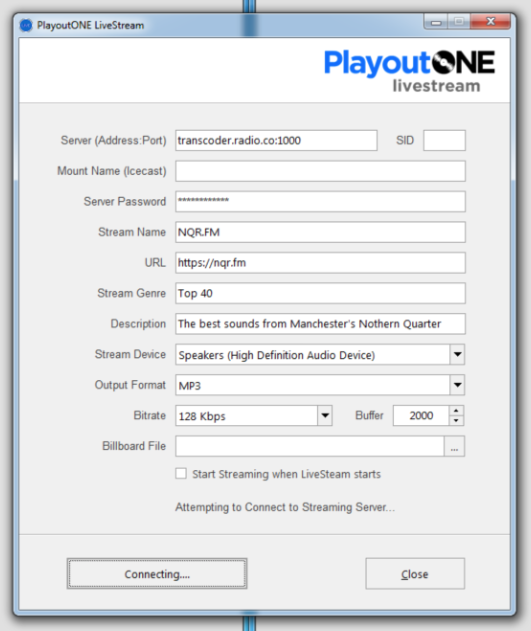 This is a grey and white screenshot illustrating the PlayoutoONE Live Stream with lists of Stream Names etc.