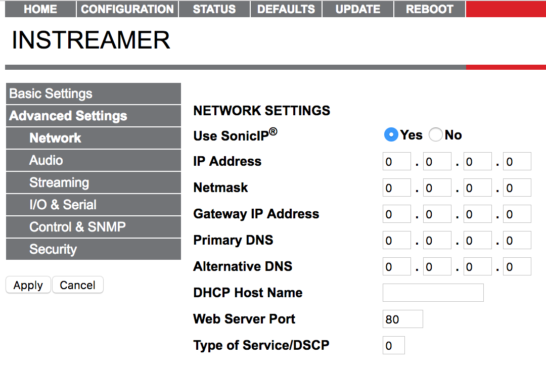 A screenshot of how the Barix Instreamer Port 80 appears. it looks similar to the previous boxes but in this one it shows the option to Use SonicIP. it includes Home, configuration, status, defaults, update, reboot options as well as advanced settings