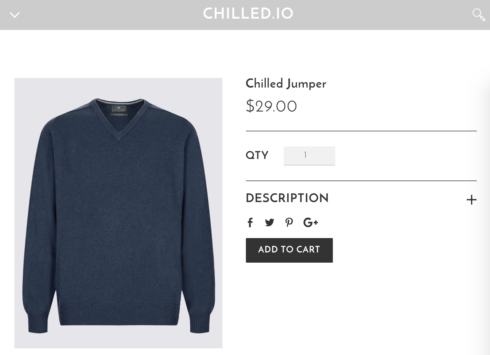 This is a screenshot of a Live Product on Chilled.io. It has an image of a navy blue jumper on the right hand side of the image.